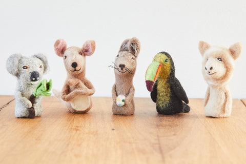 Fingerpüppchen aus Filz, Koala, Känguru, Hase mit Ball, Tukan oder Lama