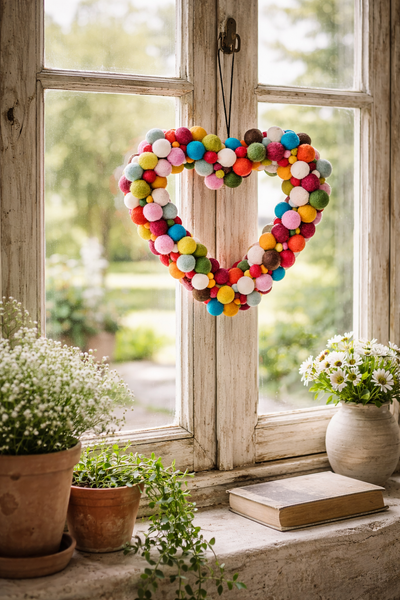 Buntes Filz-Herz aus Wollkugeln hängt an einem alten Holzfenster im Landhausstil, dekoriert mit Blumentöpfen auf der Fensterbank