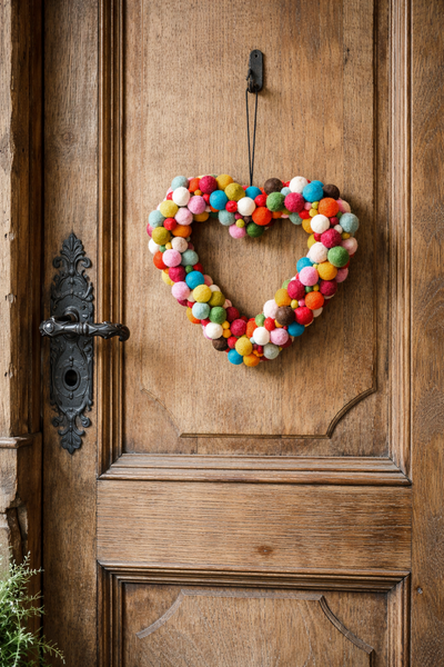 Buntes Filz-Herz aus Wollkugeln hängt an einer alten Holztüre im Landhausstil