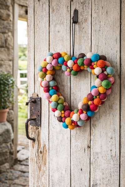 Buntes Filz-Herz aus Wollkugeln hängt an einer alten Stalltüre