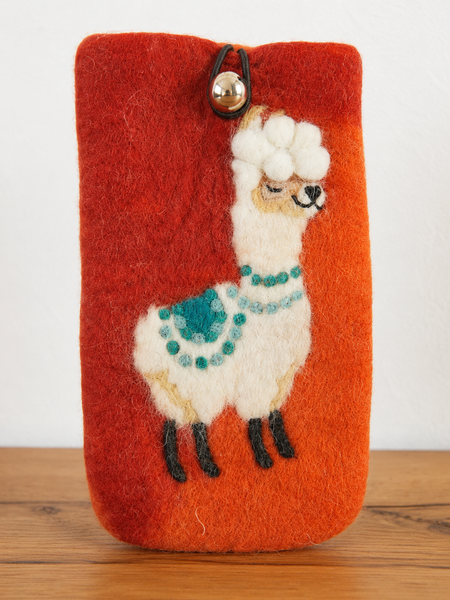 feelz - Handyhülle aus Filz mit Tiermotiv - Lama/Alpaka, orange - Handarbeit - Verschluss Metallkugel