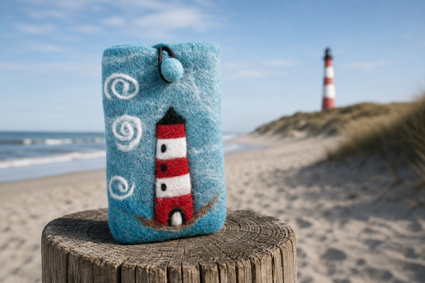 Handyhülle aus Filz blau mit Leuchtturm am Strand