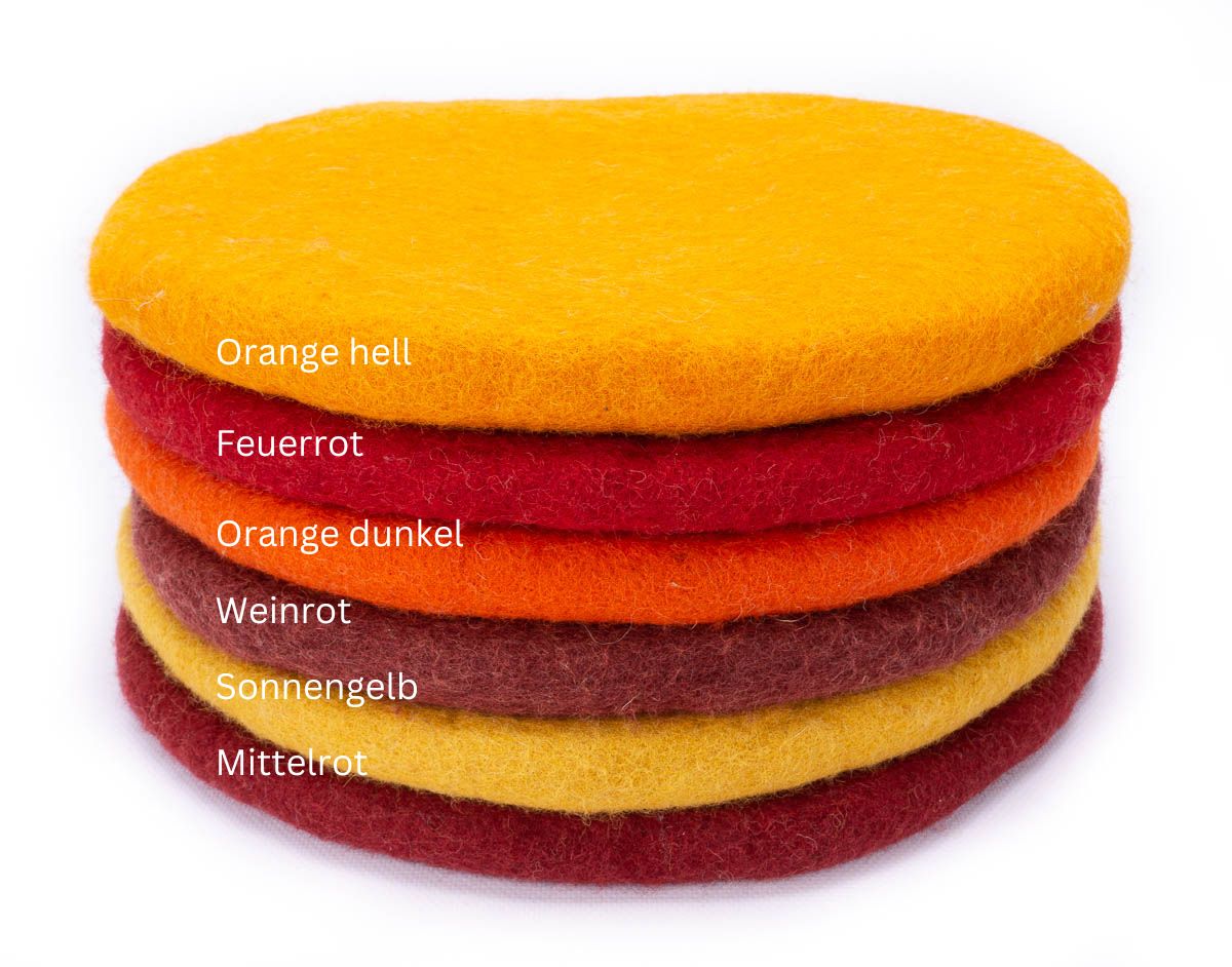 Sitzkissen aus Filz (100% Wolle) rund , 40cm, gelb-, rot- und orangetöne - fair gehandelt