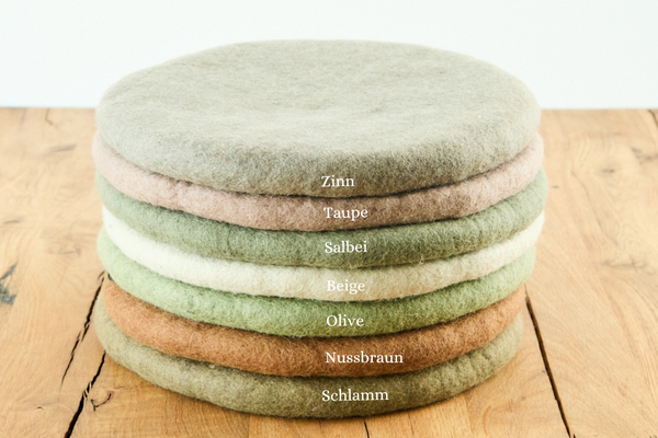 Sitzkissen aus Filz (100% Wolle) rund , 35cm, Herbal, Salbei, Zinn, Beige, Schlamm - fair gehandelt