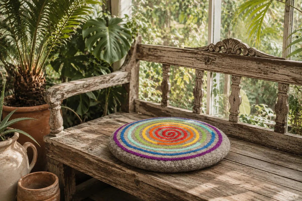 Feelz Rundes Stuhlkissen aus Wollfilz in  Natur mit Regenbogen Spirale