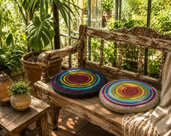 Feelz Rundes Stuhlkissen aus Wollfilz in Anthrazit und Natur mit Regenbogen Spirale