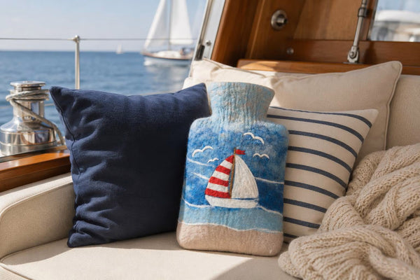 Wärmflasche „Segelboot“ – Handgefilzte Filz-Wärmflasche aus 100 % Wolle (Merino) | Maritime Wärmflasche mit 1,8 Liter