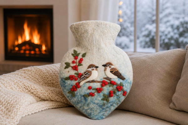 Wärmflasche Herz „2 Spatzels im Winter“ – Handgefilzte Filz-Wärmflasche aus 100 % Wolle (Merino) | 1 Liter