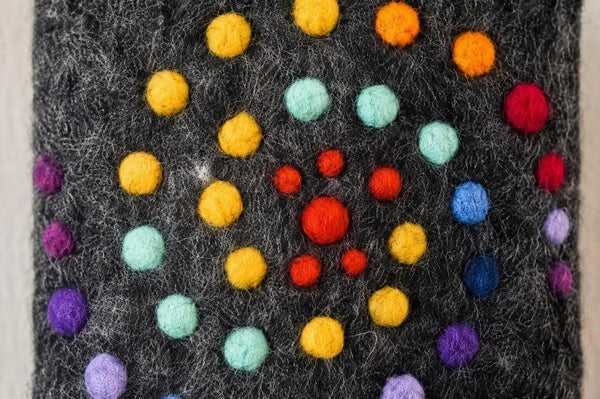 feelz Schutzhülle Smartphone aus Filz 12 x 20 cm "Spirelli", bunte Spirale auf Anthrazit Grund, aus 100 % Wolle Detail