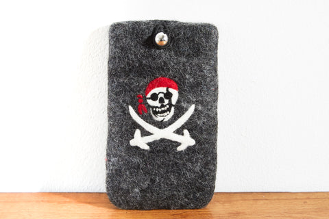 Handyhülle aus Filz für Kinder, Pirat, schwarz mit Totenkopf, 