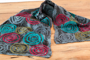 feelz - Seidenschal anthrazit mit bunten Spiralen aus Merinowolle - Handarbeit