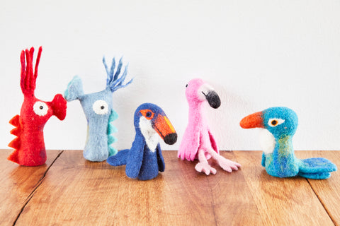 Fingerpüppchen aus Filz, Seepferd, Tukan, Flamingo, Möwe oder Papagei blau