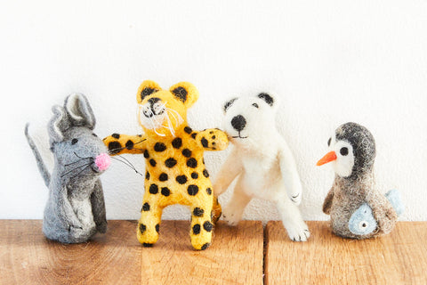 feelz - Fingerpüppchen aus Filz (Wolle), verschiedene Tiere - Ratte, Leopard, Eisbär, Pinguin mit Fisch - Handarbeit