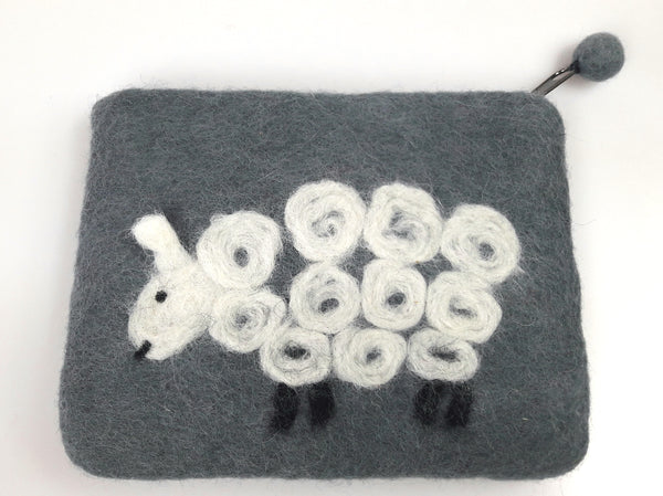 feelz - Kleines Täschchen aus Filz mit Schaf, grau, Geldbeutel für Kinder - Handarbeit