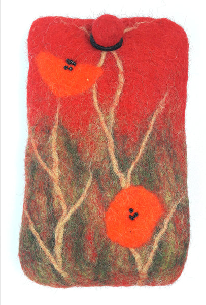 Handyhülle aus Filz, rot mit Mohnblumen, Handarbeit