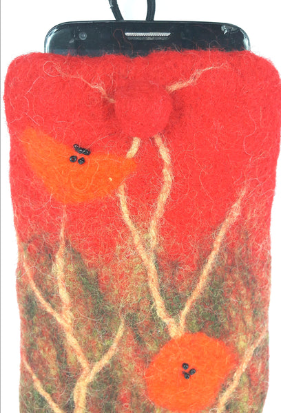 Handyhülle aus Filz rot bunt, Blumen, Handarbeit