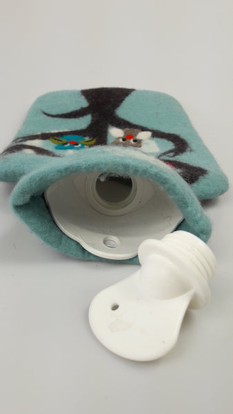 Wärmflasche Eule, rot, blau oder grau aus Wolle (Merino), gefilzt