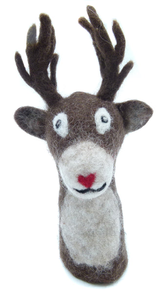 feelz - Hirsch braun weiss mit roter Herz-Nase von Hand gefilzt, Tierfigur für Weihnachten