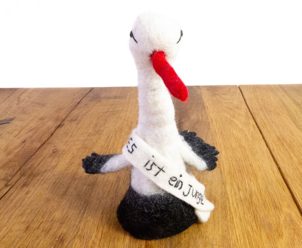 feelz - Eierwärmer Storch aus Filz mit Banderole "Es ist ein Junge" - Handarbeit, Geschenk zur Geburt