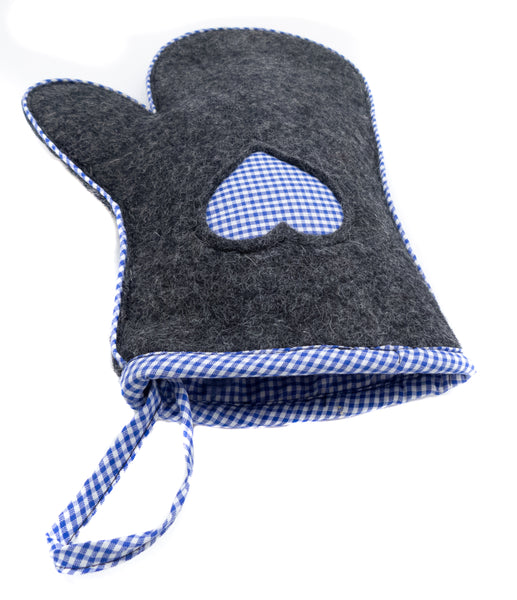 feelz - Topflappen, Backhandschuh anthrazit mit Herz, rustikal - Handarbeit