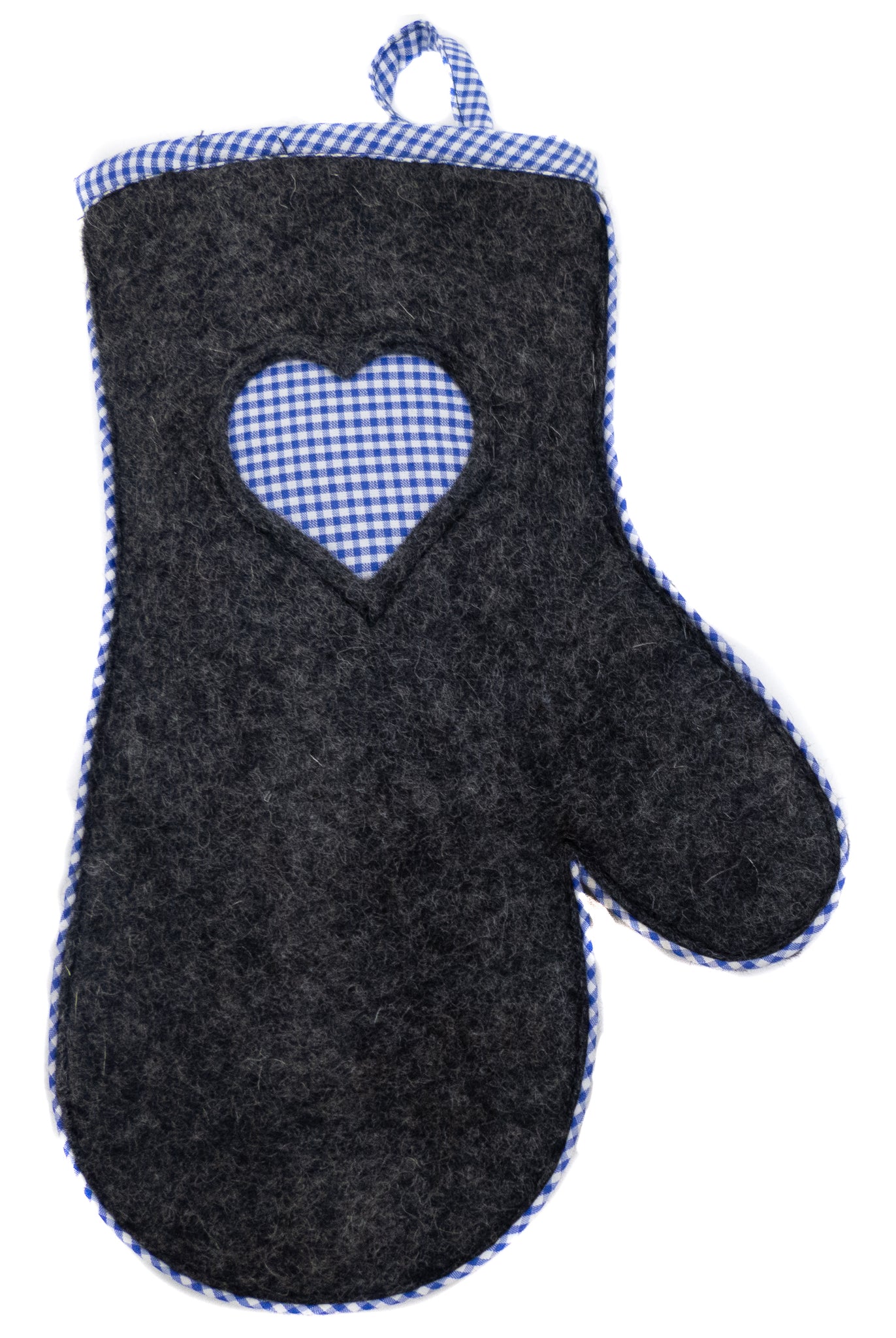 feelz - Ofenhandschuh dunkelgrau mit blau-weiss kariertem Herz - Handarbeit