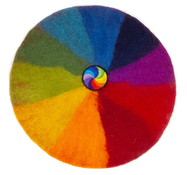 feelz - Kunterbuntes Sitzkissen Regenbogen Spirale aus 100% Wolle, rund, 35 cm - Handarbeit