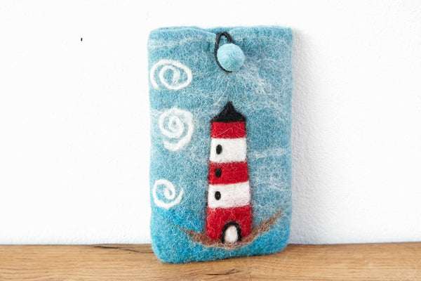 Handyhülle aus Filz blau mit Leuchtturm