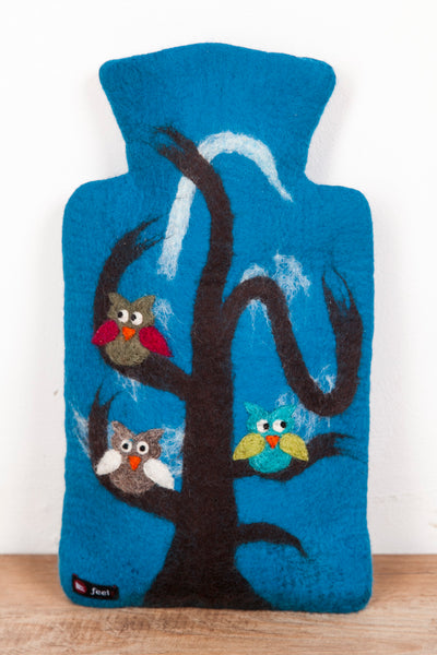 Wärmflasche Eule, rot, blau oder grau aus Wolle (Merino), gefilzt