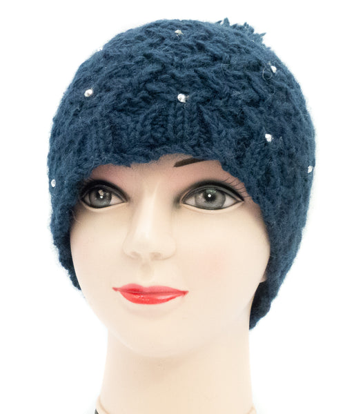 Strickmütze aus Wolle, Wollmütze mit Bommel und Glitzer, schwarz, rot, blau, weiss - Handarbeit