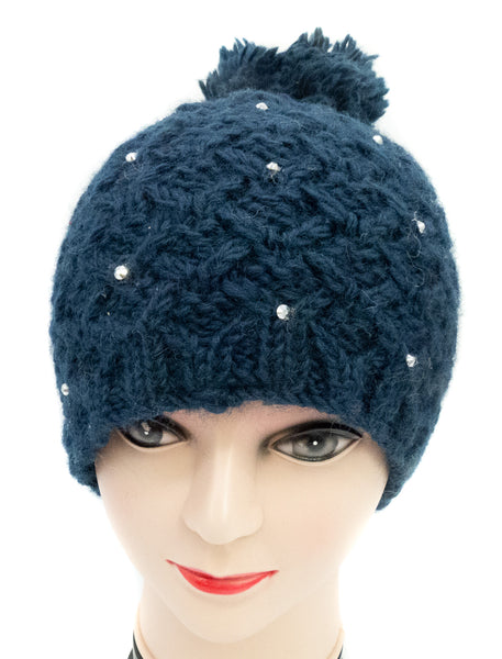 Strickmütze aus Wolle, Wollmütze mit Bommel und Glitzer, schwarz, rot, blau, weiss - Handarbeit