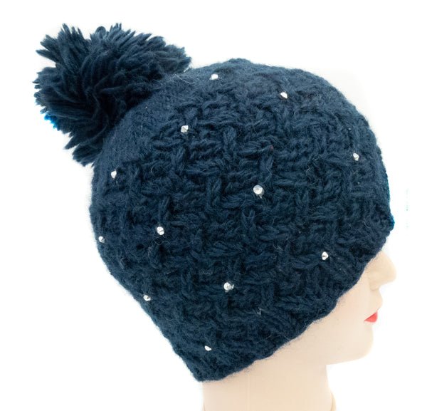 Strickmütze aus Wolle, Wollmütze mit Bommel und Glitzer, schwarz, rot, blau, weiss - Handarbeit