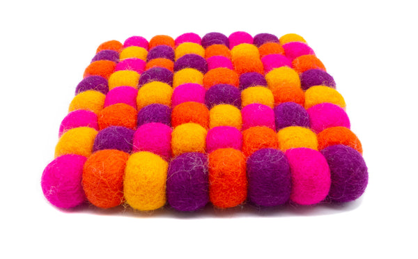Untersetzer eckig aus Filzkugeln (100% Wolle), neon pink, orange, bunt - fair gehandelt