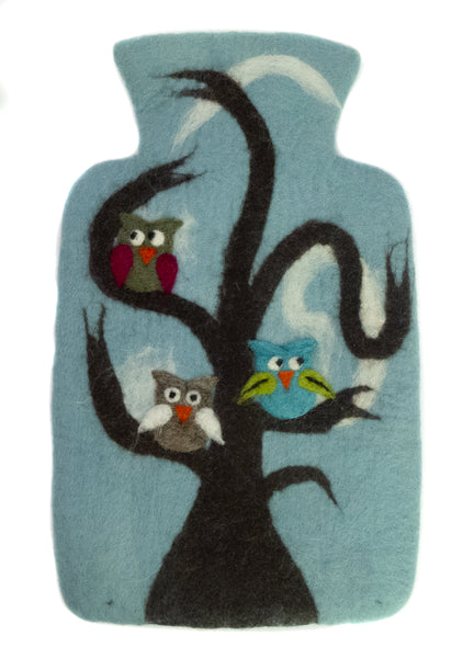 Wärmflasche Eule, rot, blau oder grau aus Wolle (Merino), gefilzt