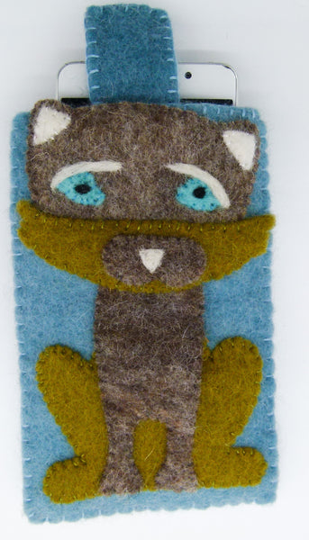 Handyhülle aus Filz für Kinder, mit Katze blau
