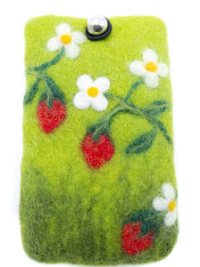 Handyhülle aus Filz mit Erdbeeren, grün